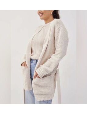 Cozy Oatmeal Beige Knit Tie Waist Cardigan Sweater Cream L/XL Plush Hygge Chic